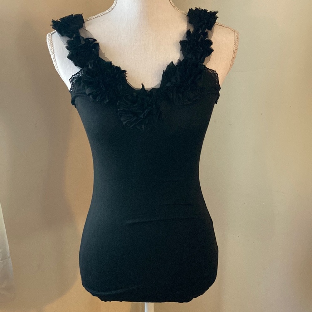 Vintage Black Tank with Lace Floral Top Trim